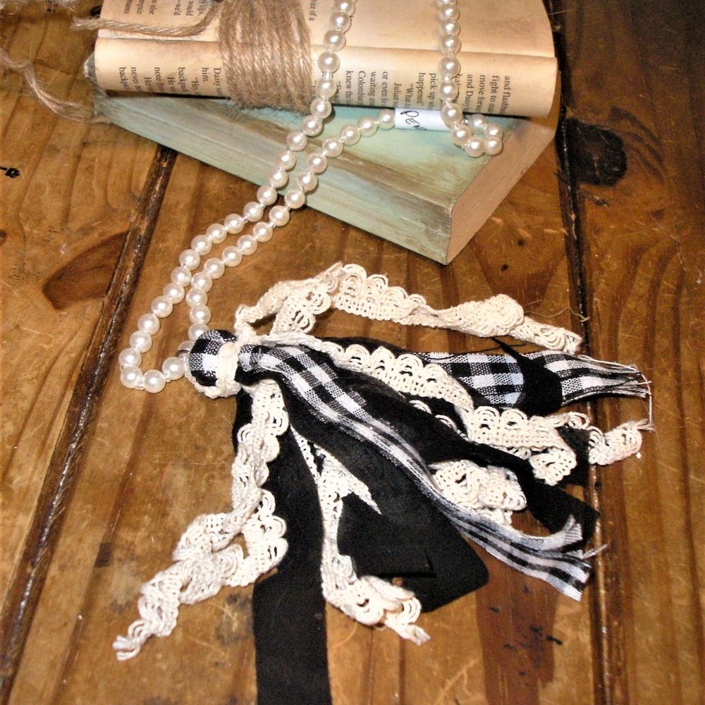 Long Pearl Rag & Ribbon Tassel Pendant Necklace
